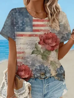 Sale Women's Patriotic T Shirt Graphic Flag Vintage Stylish Classic Short Sleeve Crew Neck Round Neck Regular Tops Daily Weekend Print White Red Dusty Blue Light Blue Women Independence Day Top