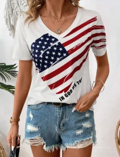 Hot Women's Patriotic T Shirt Casual American Flag Red And Blue Short Sleeve Regular Tops V Neck Daily Summer Women Independence Day Top