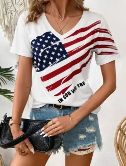 Hot Women's Patriotic T Shirt Casual American Flag Red And Blue Short Sleeve Regular Tops V Neck Daily Summer Women Independence Day Top