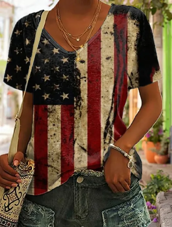 Sale Women's Patriotic T Shirt Graphic Geometric Star Vintage Stylish Classic Short Sleeve V Neck Regular Tops Daily Weekend Print Black White Yellow Red Blue Summer Spring Women Independence Day Top