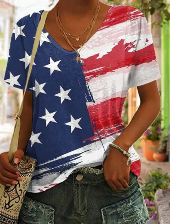 Sale Women's Patriotic T Shirt Graphic Geometric Star Vintage Stylish Classic Short Sleeve V Neck Regular Tops Daily Weekend Print Black White Yellow Red Blue Summer Spring Women Independence Day Top