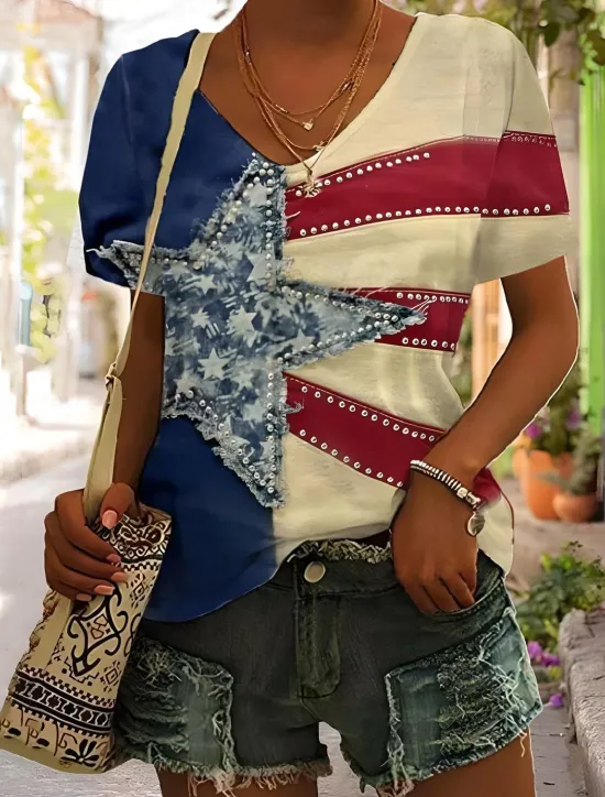 Sale Women's Patriotic T Shirt Graphic Geometric Star Vintage Stylish Classic Short Sleeve V Neck Regular Tops Daily Weekend Print Black White Yellow Red Blue Summer Spring Women Independence Day Top