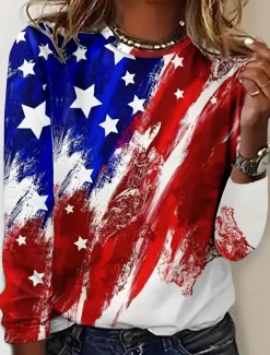 Online Women's Patriotic Blouse Graphic Flag Flag Casual Red White And Blue Regular Tops Daily Print Women Independence Day Top