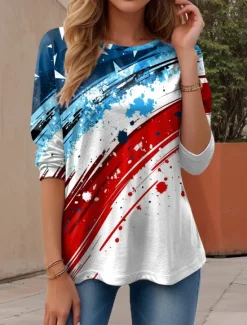 Clearance Women's Patriotic Blouse Graphic Flag American Flag Vintage Stylish Casual Round Neck Regular Tops Daily Print Red Blue Dusty Blue Women Independence Day Top