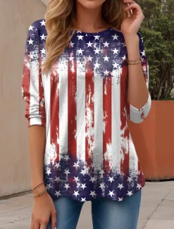 Clearance Women's Patriotic Blouse Graphic Flag American Flag Vintage Stylish Casual Round Neck Regular Tops Daily Print Red Blue Dusty Blue Women Independence Day Top