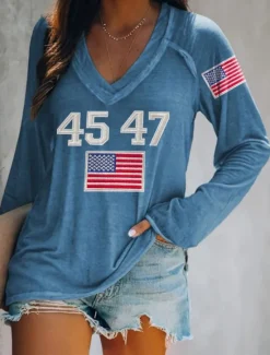 Discount Women's Patriotic Shirt Flag Stylish Casual Long Sleeve V Neck Regular Tops Daily Print White Red Blue Green Spring Prefall Women Independence Day Top