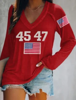 Discount Women's Patriotic Shirt Flag Stylish Casual Long Sleeve V Neck Regular Tops Daily Print White Red Blue Green Spring Prefall Women Independence Day Top
