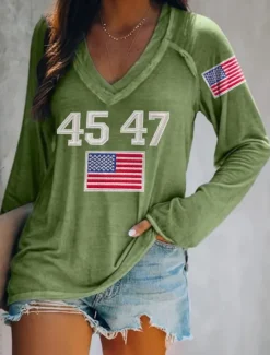 Discount Women's Patriotic Shirt Flag Stylish Casual Long Sleeve V Neck Regular Tops Daily Print White Red Blue Green Spring Prefall Women Independence Day Top