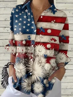 Clearance Women's Patriotic Shirt Graphic Flag Casual Regular Tops Work Daily s Print White Red Sky Blue Spring Fall Winter Women Independence Day Top