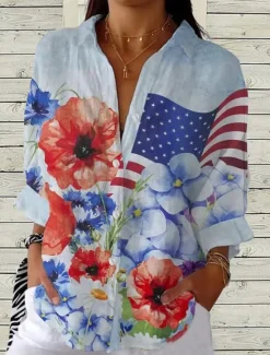 Clearance Women's Patriotic Shirt Graphic Flag Casual Regular Tops Work Daily s Print White Red Sky Blue Spring Fall Winter Women Independence Day Top
