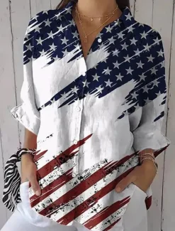 Clearance Women's Patriotic Shirt Graphic Flag Casual Regular Tops Work Daily s Print White Red Sky Blue Spring Fall Winter Women Independence Day Top