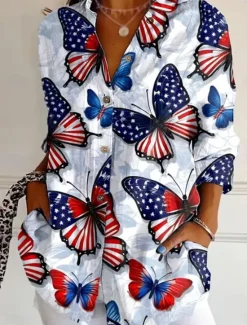 Discount Women's Patriotic Shirt Graphic Flag Butterfly Vintage Stylish Casual Regular Tops Daily White Blue Spring Women Independence Day Top