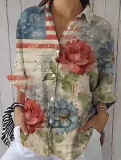 New Women's Patriotic Shirt Graphic Flag Vintage Tropical Stylish Regular Tops Work Daily s Print Maroon Black White Yellow Blue Fall Women Independence Day Top