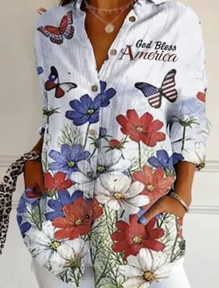 New Women's Patriotic Shirt Graphic Flag Vintage Tropical Stylish Regular Tops Work Daily s Print Maroon Black White Yellow Blue Fall Women Independence Day Top
