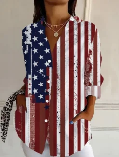 Clearance Women's Patriotic Shirt Graphic Flag Vintage Tropical Stylish Regular Tops Work Daily s Print Black White Red Light Blue Fall Women Blouses & Shirts|Independence Day Top