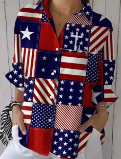 Outlet Women's Patriotic Shirt Graphic Flag Vintage Stylish Casual Regular Tops Daily White Blue Spring Women Independence Day Top