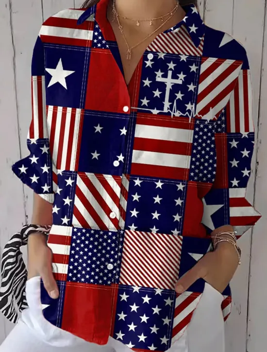 Outlet Women's Patriotic Shirt Graphic Flag Vintage Stylish Casual Regular Tops Daily White Blue Spring Women Independence Day Top
