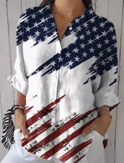 Clearance Women's Patriotic Shirt Graphic Flag USA Vintage Daily Stylish Regular Tops Work Daily s Print White Blue Khaki Spring Women Independence Day Top