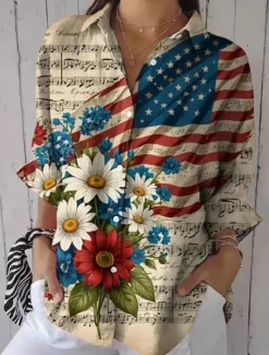 Clearance Women's Patriotic Shirt Graphic Flag USA Vintage Daily Stylish Regular Tops Work Daily s Print White Blue Khaki Spring Women Independence Day Top