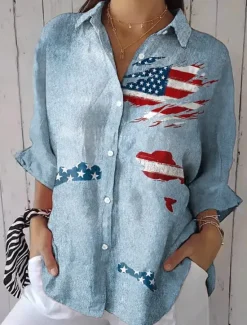 Outlet Women's Patriotic Shirt Graphic Flower USA Vintage Tropical Daily Regular Tops Work Daily s Print Navy Blue Light Blue Spring Women Blouses & Shirts|Independence Day Top