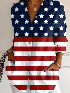 Sale Women's Patriotic Shirt Graphic Flag USA Vintage Daily Stylish Regular Tops Work Daily s Print Denim Blue Black Red Blue Spring Women Independence Day Top