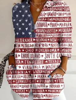 Sale Women's Patriotic Shirt Graphic Flag USA Vintage Daily Stylish Regular Tops Work Daily s Print Denim Blue Black Red Blue Spring Women Independence Day Top