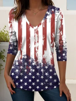 Women's Patriotic T Shirt V Neck Long Sleeve Tunic Flag Geometric Elegant Vintage Fashion Regular Tops Daily Weekend Vacation Wear Print White Red Blue Spring Prefall Women Independence Day Top