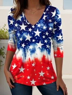 Sale Women's Patriotic T Shirt V Neck Long Sleeve Tunic Geometric National Flag Elegant Vintage Stylish Regular Tops Daily Weekend Print Red Navy Blue Blue Spring Prefall Women Independence Day Top