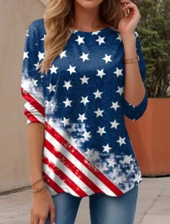 New Women's Patriotic T Shirt Graphic American Flag Vintage Stylish Casual Regular Tops Daily Weekend Print Red Blue Dusty Blue Summer Women Independence Day Top