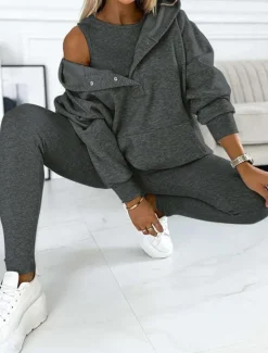 Hot Women's 3pcs Loungewear Set Coordinated Hoodie with Shoulder Cut-Out and Joggers Pink Casual Sporty Outfit Elastic Fashionable Spring Autumn Women Two Piece Sets