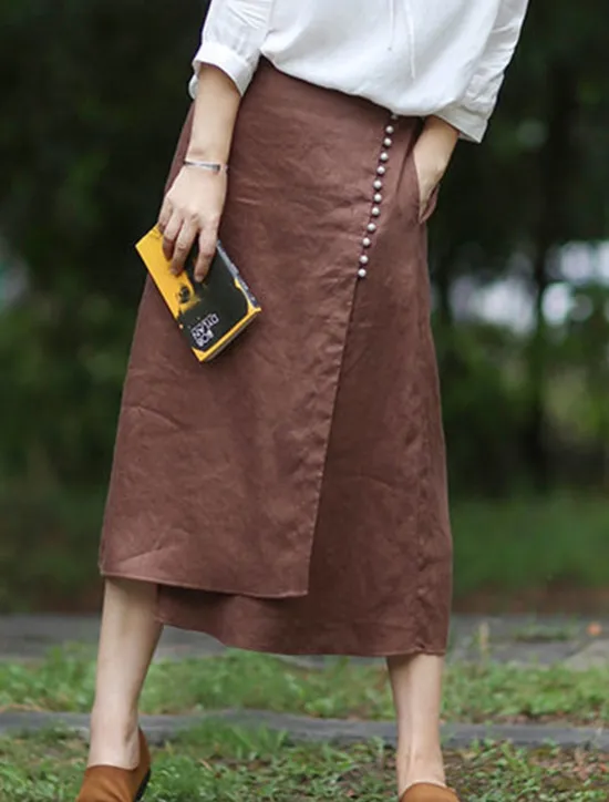 Online Women's Pencil Long Skirt Linen Skirts Fashion Streetwear Basic Casual Midi Skirts Solid Colored Split Ripped Asymmetric Hem Office / Career Street White Blue Brown Summer Linen Cotton And Linen Women Skirts