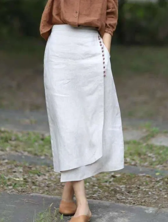 Online Women's Pencil Long Skirt Linen Skirts Fashion Streetwear Basic Casual Midi Skirts Solid Colored Split Ripped Asymmetric Hem Office / Career Street White Blue Brown Summer Linen Cotton And Linen Women Skirts