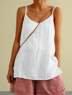 Hot Women's Petite Camisole Tank Top Linen Vest Solid Color Casual Beach Sleeveless V Neck Regular Tops Daily Beach Wear Vacation Wear Backless Black White Yellow Blue Green Spring, Fall, Winter, Summer Women Shirts