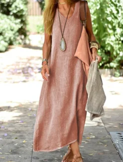 Discount Women's Pink Blue khaki Summer Spring Maxi long Dress Maxi Dress Cotton Linen Dresses Casual Dress Sundress Basic Modern Daily Weekend Loose Fit Plain V Neck Women Dresses