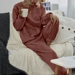 Sale Women's Pink Fleece Pajamas Nighty Pjs Sets 2 Pieces Pure Color Sport Simple Comfort Party Home Street Warm Gift Long Sleeve Hoodie Pant Elastic Waistband Winter Fall Home Outfits Women Pajama-Setter