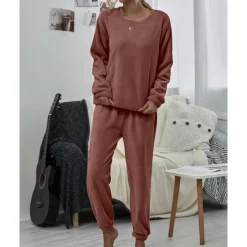 Sale Women's Pink Fleece Pajamas Nighty Pjs Sets 2 Pieces Pure Color Sport Simple Comfort Party Home Street Warm Gift Long Sleeve Hoodie Pant Elastic Waistband Winter Fall Home Outfits Women Pajama-Setter