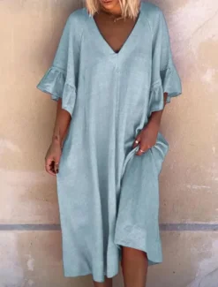 Best Women's Pink Navy Blue Blue Summer Spring Midi Dress Cotton Linen Dresses Casual Dress Basic Modern Daily Weekend Loose Fit Plain V Neck Women Dresses