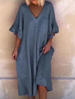 Best Women's Pink Navy Blue Blue Summer Spring Midi Dress Cotton Linen Dresses Casual Dress Basic Modern Daily Weekend Loose Fit Plain V Neck Women Dresses