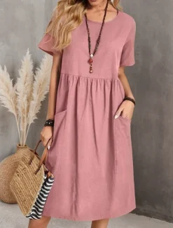 Discount Women's Pink Navy Blue Brown Summer Spring Midi Dress Linen-Inspired Dresses Cotton Linen Dress A Line Dress Casual Daily Weekend Loose Fit Plain Crew Neck Women Dresses