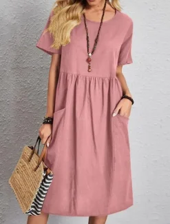 Discount Women's Pink Navy Blue Brown Summer Spring Midi Dress Linen-Inspired Dresses Cotton Linen Dress A Line Dress Casual Daily Weekend Loose Fit Plain Crew Neck Women Dresses
