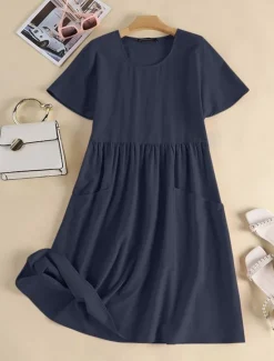 Discount Women's Pink Navy Blue Brown Summer Spring Midi Dress Linen-Inspired Dresses Cotton Linen Dress A Line Dress Casual Daily Weekend Loose Fit Plain Crew Neck Women Dresses