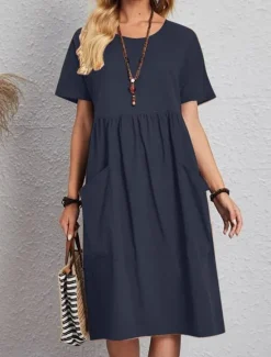 Discount Women's Pink Navy Blue Brown Summer Spring Midi Dress Linen-Inspired Dresses Cotton Linen Dress A Line Dress Casual Daily Weekend Loose Fit Plain Crew Neck Women Dresses