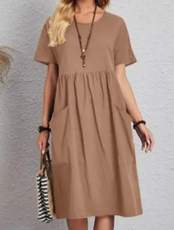 Discount Women's Pink Navy Blue Brown Summer Spring Midi Dress Linen-Inspired Dresses Cotton Linen Dress A Line Dress Casual Daily Weekend Loose Fit Plain Crew Neck Women Dresses
