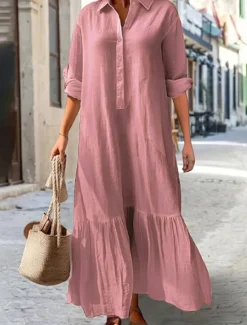Outlet Women's Pink Navy Blue khaki Spring Fall Maxi Dress Linen-Inspired Dresses Cotton Linen Dress Fashion Casual Daily Date Regular Fit Shirt Collar Women Dresses