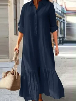 Outlet Women's Pink Navy Blue khaki Spring Fall Maxi Dress Linen-Inspired Dresses Cotton Linen Dress Fashion Casual Daily Date Regular Fit Shirt Collar Women Dresses