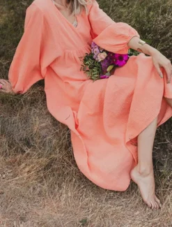 New Women's Pink Orange Rose Red Summer Spring Maxi Dress Linen-Inspired Dresses Casual Dress Basic Modern Daily Weekend Loose Fit Plain V Neck Women Dresses