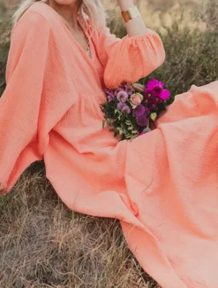 New Women's Pink Orange Rose Red Summer Spring Maxi Dress Linen-Inspired Dresses Casual Dress Basic Modern Daily Weekend Loose Fit Plain V Neck Women Dresses