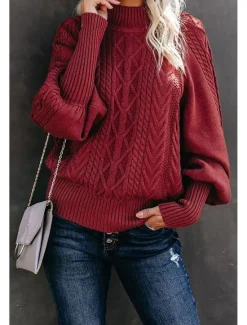 Clearance Women's Pink Sweater Mock Neck Cable Knit Fall Winter Work Elegant Fashion Daily Long Sleeve Textured Hot Pink Red Women Pullovers & Tops
