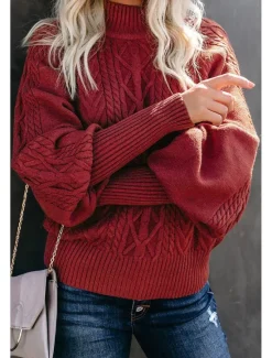 Clearance Women's Pink Sweater Mock Neck Cable Knit Fall Winter Work Elegant Fashion Daily Long Sleeve Textured Hot Pink Red Women Pullovers & Tops