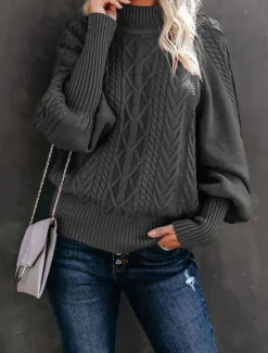 Clearance Women's Pink Sweater Mock Neck Cable Knit Fall Winter Work Elegant Fashion Daily Long Sleeve Textured Hot Pink Red Women Pullovers & Tops